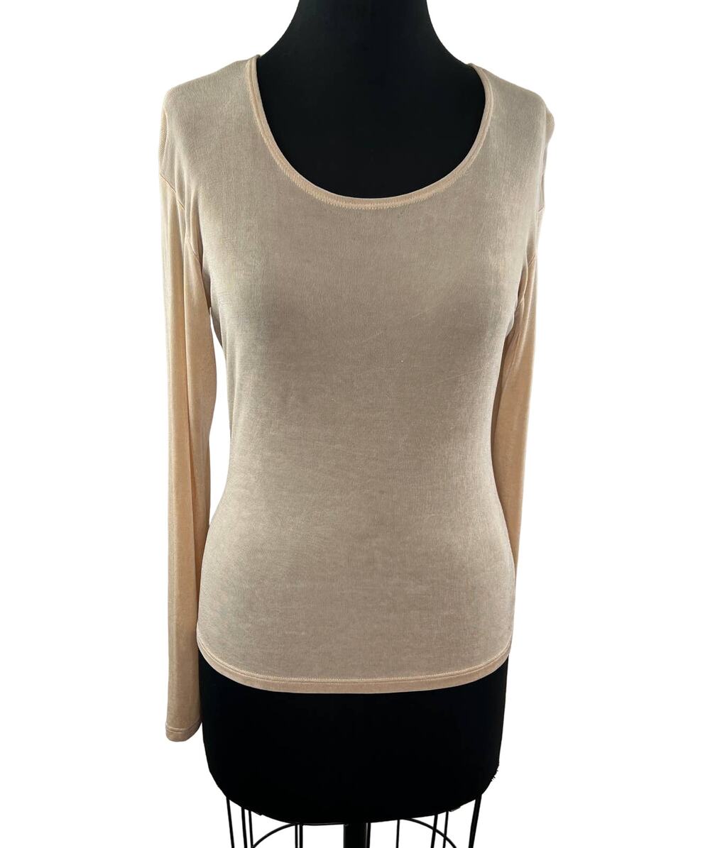 FLAX Beige Cream Slinky Knit Scoop Neck Long Sleeve Pullover Top Tunic Shirt S